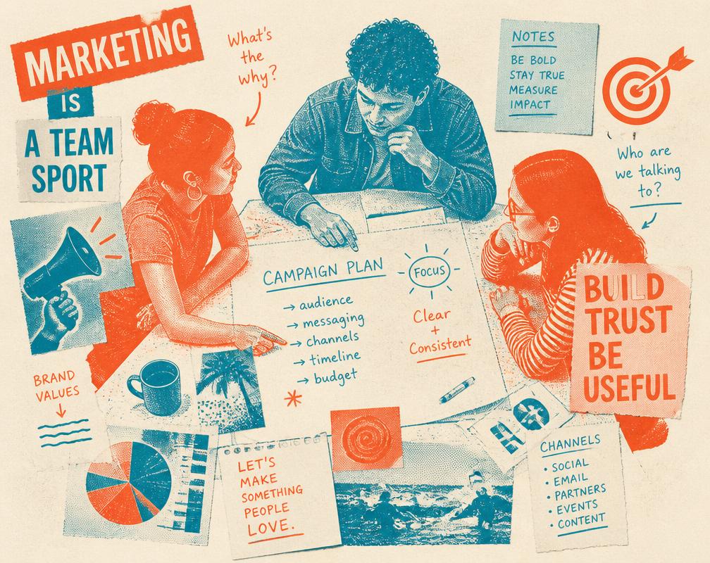 Collage of a marketing team planning a multi-channel campaign together